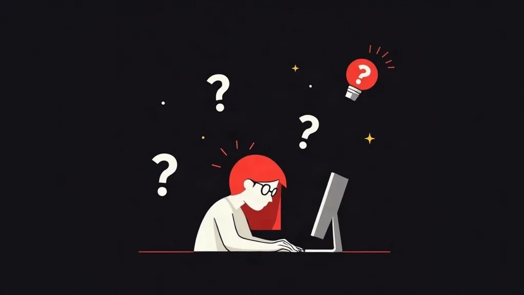 Žena na računaru okružena question marks, ilustracija za SEO content strategiju odgovora na česta pitanja