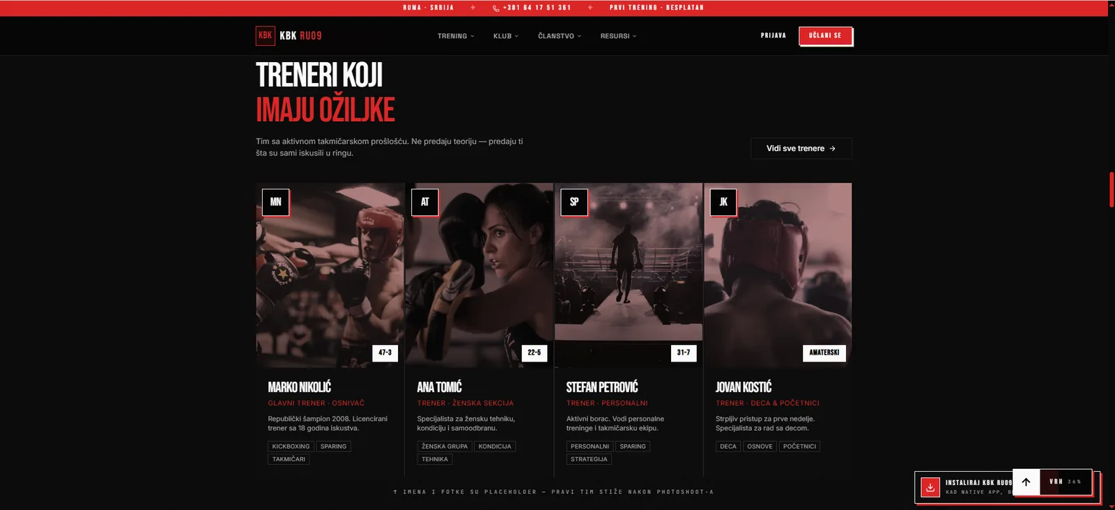 Individualne stranice trenera sa detaljnim profilima